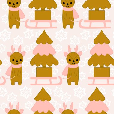 Şirin altın yağmur geyikleri, Noel ağacı ve kusursuz desenli kar taneleri.