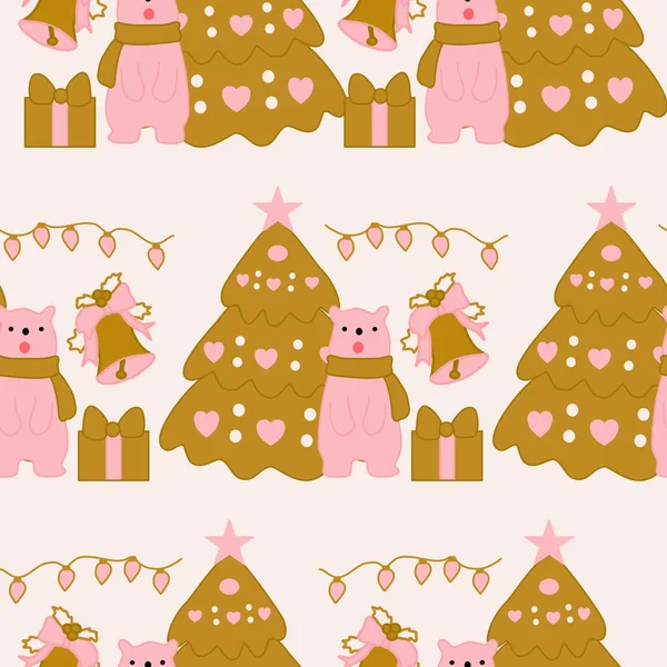 Χαριτωμένο Ροζ Αρκούδα Και Χριστουγεννιάτικο Δέντρο Μια Απρόσκοπτη Σχέδιο Μοτίβο — Διανυσματικό Αρχείο