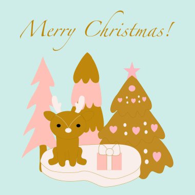 Yılbaşı ağaçları ve şirin yağmur geyikleriyle vektör kış illüstrasyonu