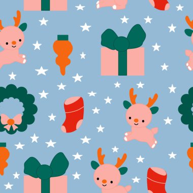 Bebek ren geyikleri ve Noel süslemeleri. Kusursuz bir desen tasarımıyla