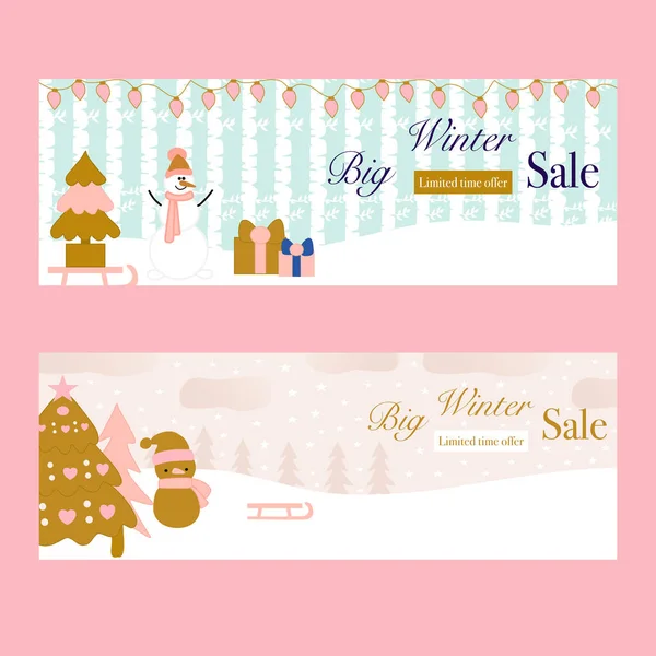 Set Commercial Banners Cute Colirful Snowmen Christmas Trees Winter Wonderland — Stock Vector