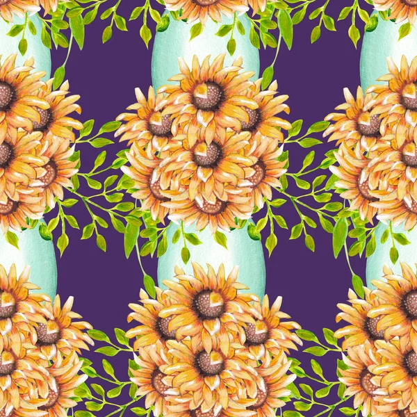 Desain Pola Mulus Dengan Gambar Tangan Bunga Matahari — Stok Foto