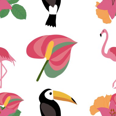 Tropikal çiçek ve tropikal parottlar, vektörsüz bir desende.