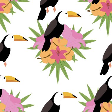 Tropikal çiçekler ve tropikal kuşlar kusursuz desende