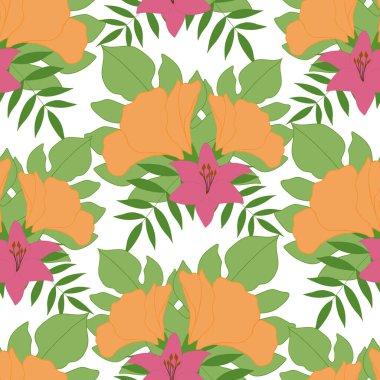 Pembe ve sarı tropikal vektör çiçekleri kusursuz desenli dizayn