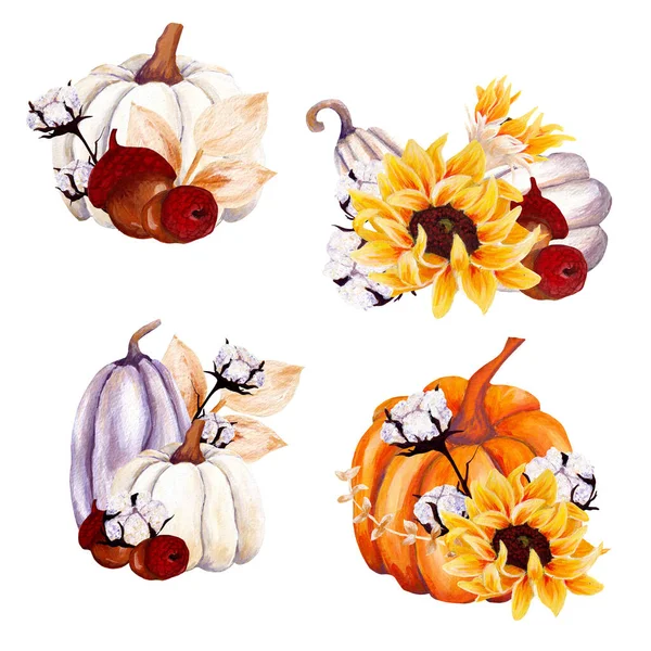 Watercolor hand painted pumpkin compositions, perfect to use on the web or in print