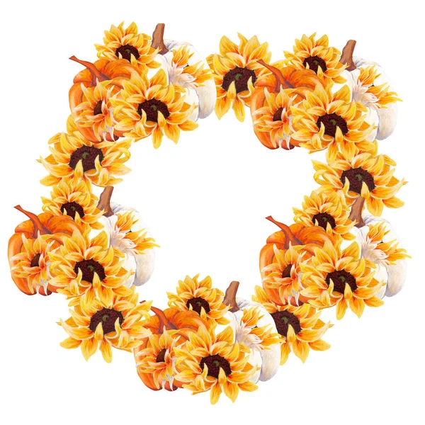 Watercolor Hand Painted Pumpkins Sunflower Wreaths — Stock Photo, Image