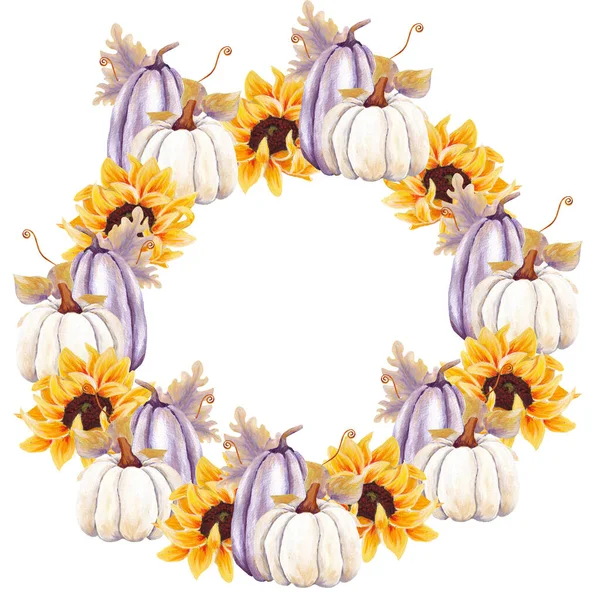 Watercolor Hand Painted Pumpkins Sunflower Wreaths — Stock Photo, Image