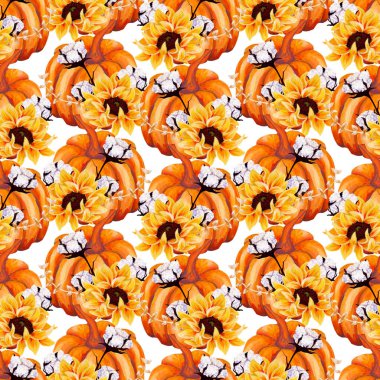 Elle boyanmış suluboya balkabakları kusursuz desenli dizayn, internette ya da basılı olarak kullanmak için mükemmel.