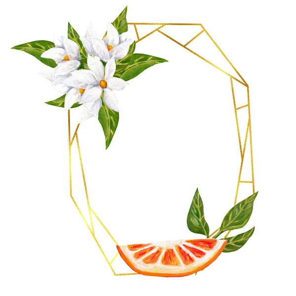 Handbemalte Aquarelle Orangenfrüchte Und Orangenblüten Goldenem Rahmen — Stockfoto