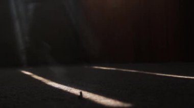 odadaki duman güneş ışığı şeridi boyunca zemin boyunca yayılır. gün ortasında dairede yangın başlangıcı.