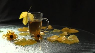 açık bir cam kupa sıcak çay yağmuru bir sonbahar manzara ortasında duruyor sonra ıslak: sararmış düşmüş yaprakları, sarı çiçekler. sonbahar ruh hali.