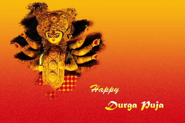 Fotokopi alanı ile mutlu Durga Puja kapakları. Hindu Tanrıça Duga idolü yüzü, sarı ve kırmızı arkaplan yazılı yaratıcı görüntü. Kutlama, dilek kartı, poster.