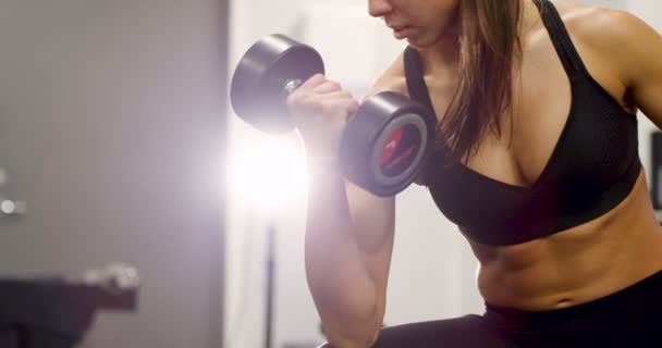 Healthy and focsued woman lifts weights at fitness gym — Stock Video