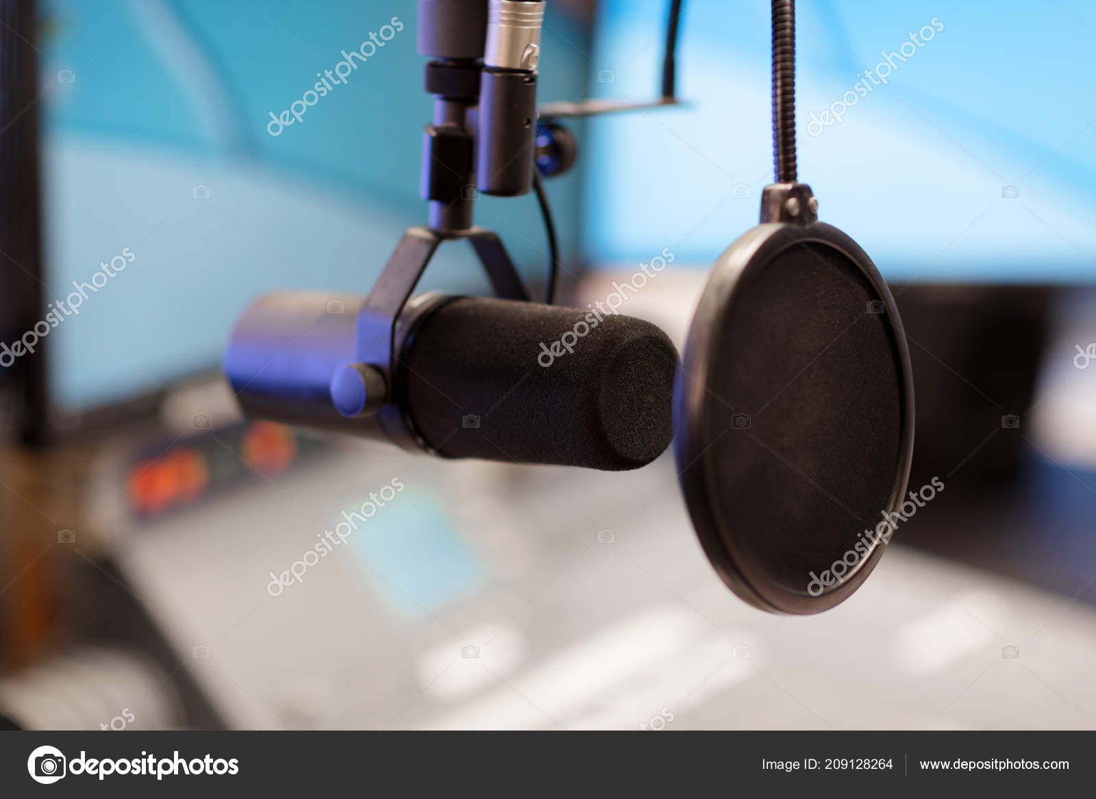 Microphone in modern radio station broadcasting studio — Stock