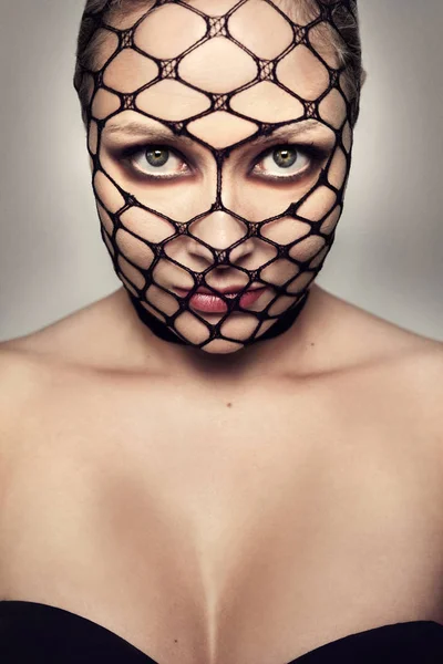 Beautiful Blonde Woman With Black Mesh On Her Face — Stock Photo, Image