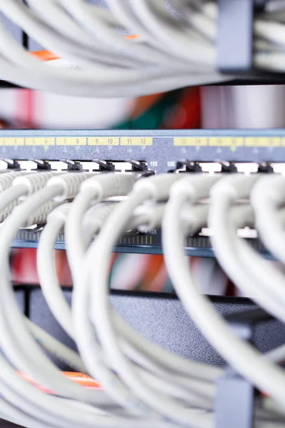 Nahaufnahme von Gigabit-Netzwerk-Switch und Kabeln im Rechenzentrum — Stockfoto