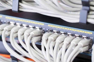 Gigabit ağ anahtarı veri merkezlerinde hizalanmış patch kablolar
