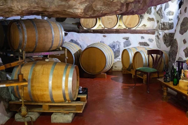 Barris de madeira em carvalho armazenado na adega — Fotografia de Stock