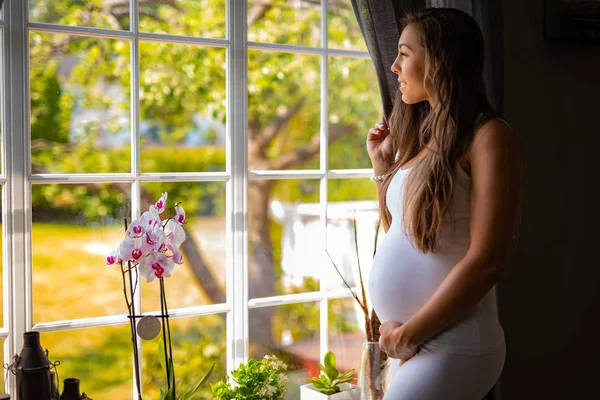 Lächelnde Schwangere, die aus dem Fenster schaut und ihren Bauch berührt — Stockfoto