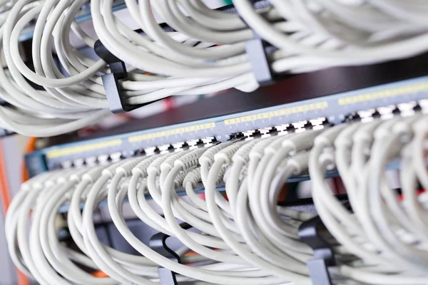 Conmutador de red Gigabit y cables de conexión perfectamente alineados en el centro de datos — Foto de Stock