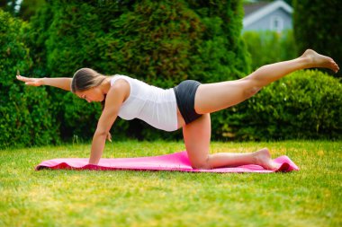 Pregnant Woman Doing Bird Dog Pose On Exercise Mat clipart