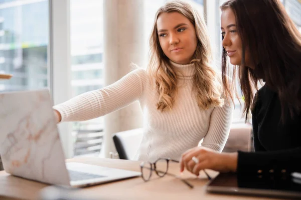 Two Female Bloggers Discussing Over Laptop At Table In Cafe