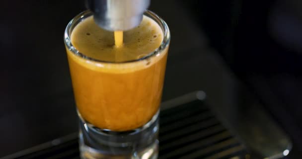 Vista de alto ângulo da produção de café expresso forte na máquina de café exclusiva — Vídeo de Stock