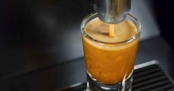 전용 커피 머신에서 강력한 에스프레소 만들기의 클로즈업 — 비디오