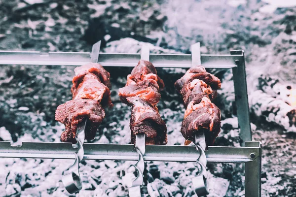 Grillning kyckling klubbor på grillen i parken — Stockfoto