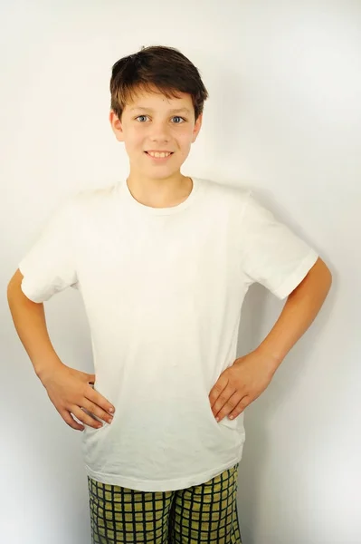 Boy Shorts White Shirt Stands Smiles Has Very Beautiful Eyes — Stock Photo, Image