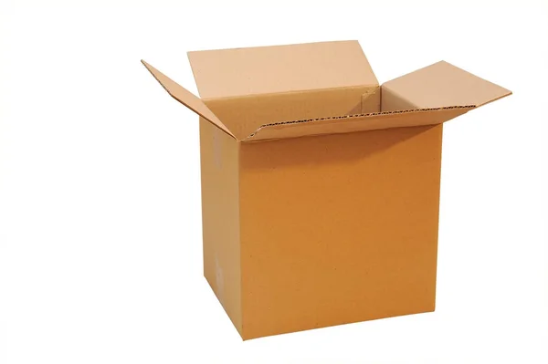 Abre Una Caja Grande Hecha Cartón Sobre Fondo Blanco Aislado — Foto de Stock