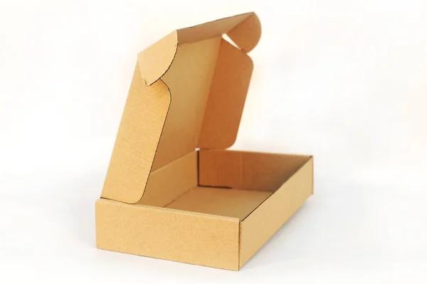 Open Box Made Cardboard Computer Parts White Background — Stock Photo, Image