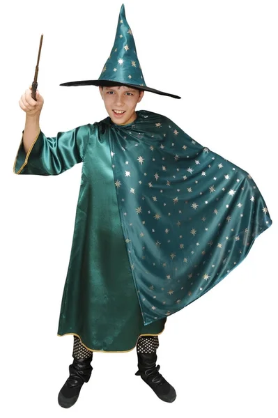 Young Boy Carnival Costume Wizard Magic Wand Isolated White Background — Stock Photo, Image