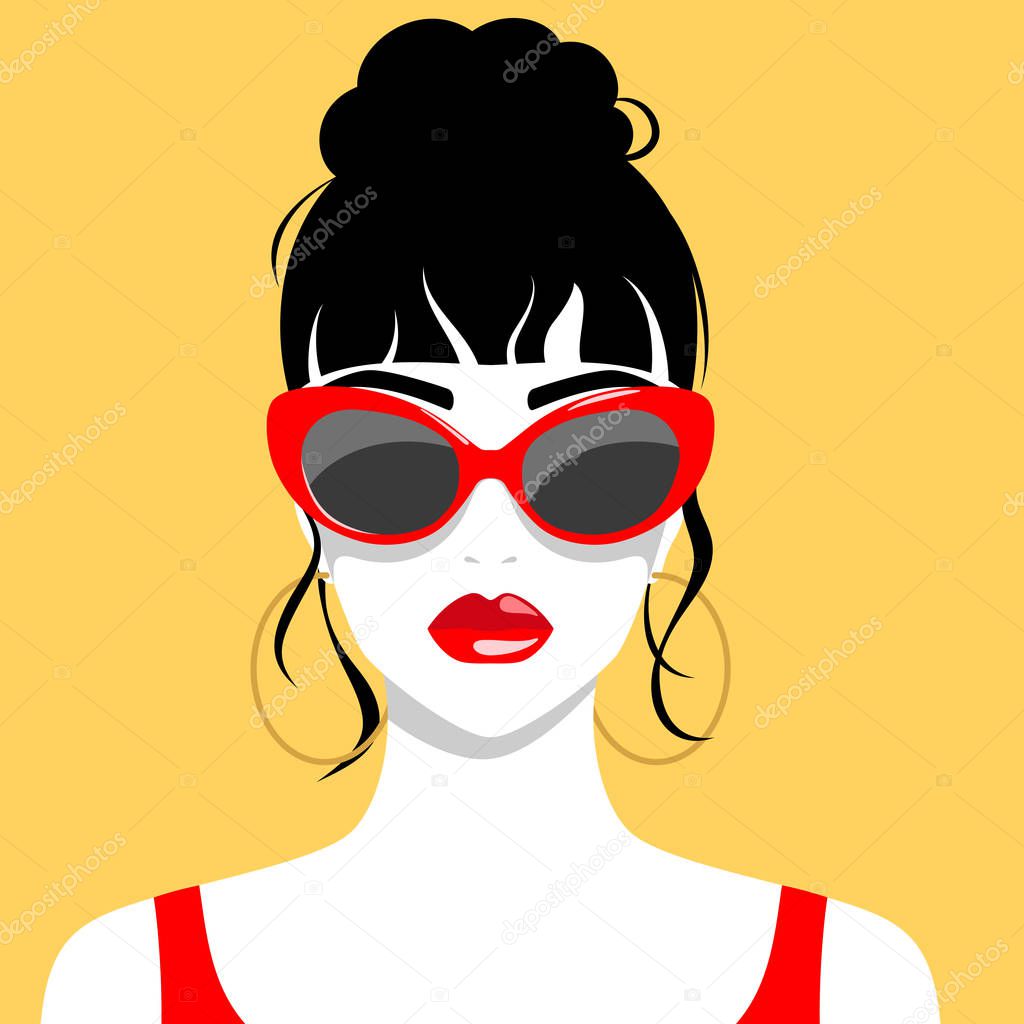 Vector portrait of beautiful young woman with red sunglasses