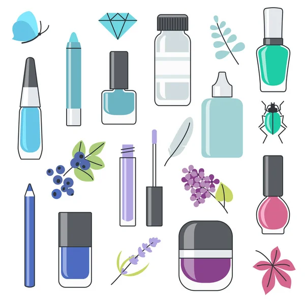 Ensemble Vectoriel Cosmétiques Décoratifs Différentes Couleurs Inspirés Nature — Image vectorielle