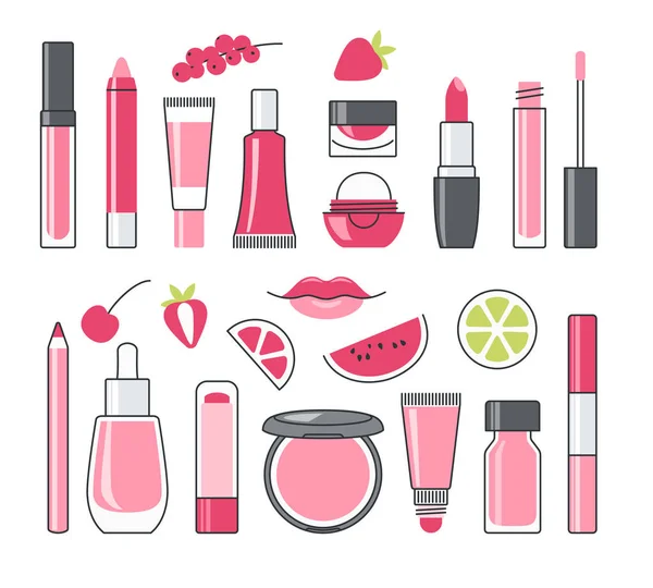 Vektor Készlet Dekoratív Kozmetikumok Rózsaszín Piros Színű — Stock Vector
