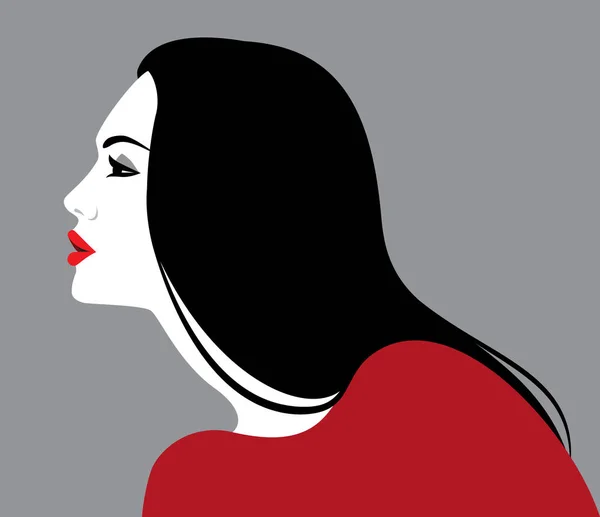 Vektor Ilustrasi Wanita Cantik Dengan Rambut Hitam Panjang Profil - Stok Vektor