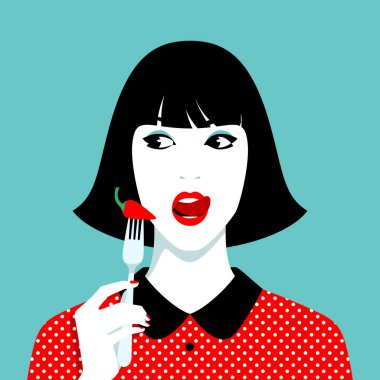 Woman holding fork with hot pepper sticking out her tongue