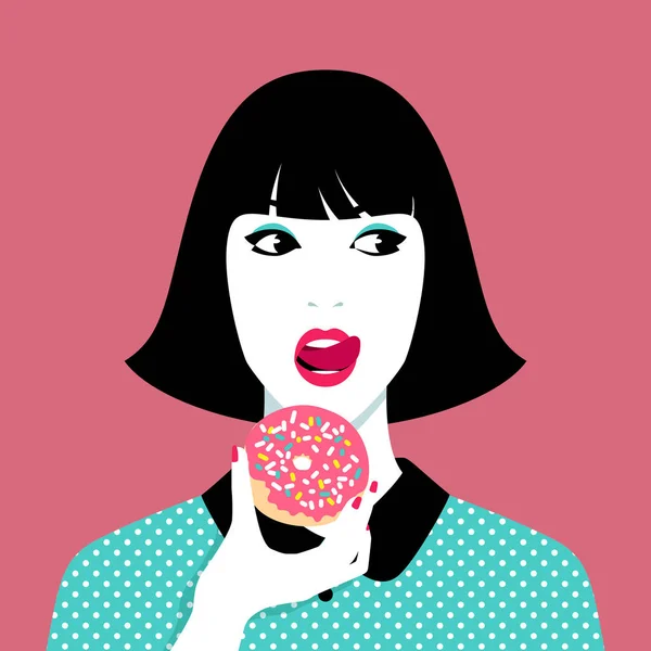 Mujer Joven Comiendo Donut Sobre Fondo Rosa — Archivo Imágenes Vectoriales