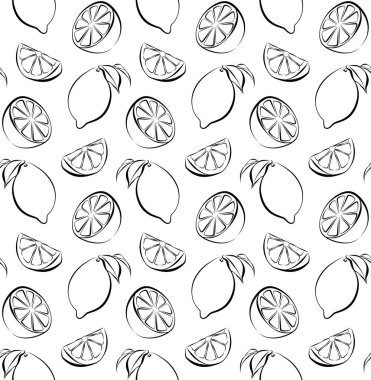 Dilimler ve delik limon ve limes, siyah ve beyaz renk ile sorunsuz vektör desen