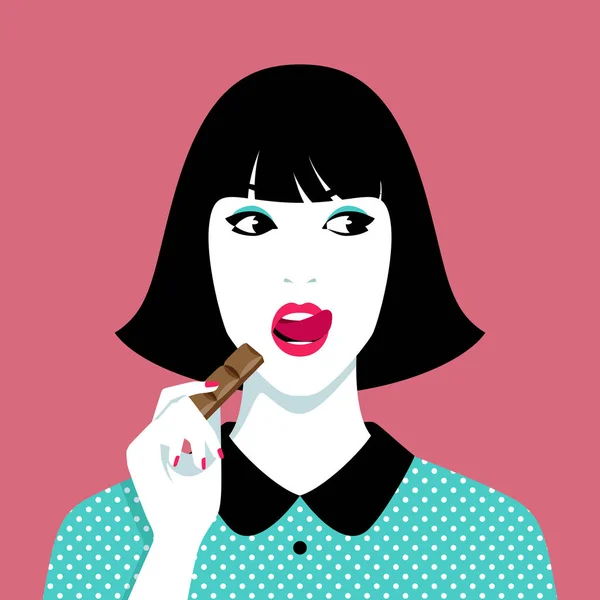 Young Woman Eating Chocolate Pink Background Simple Vector Illustration — Stock Vector