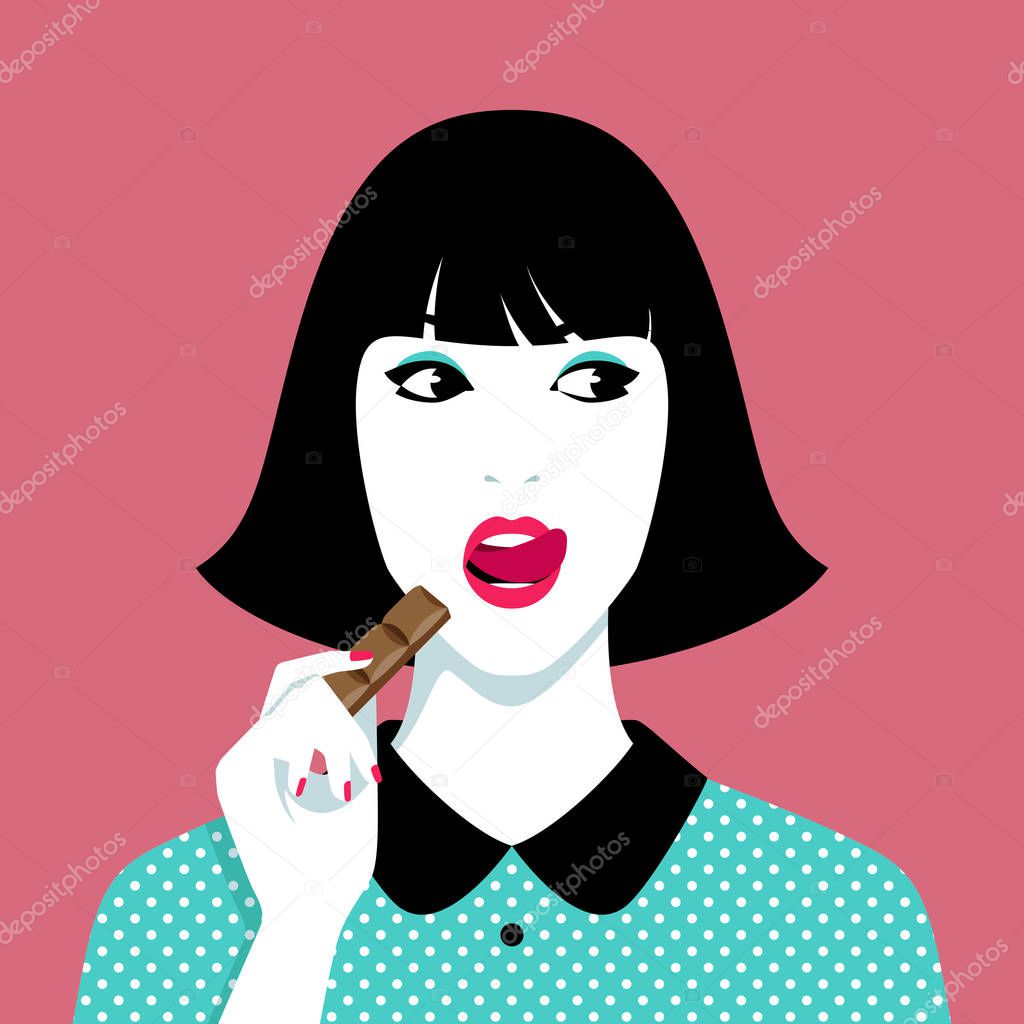 Young woman eating chocolate against pink background, simple vector illustration