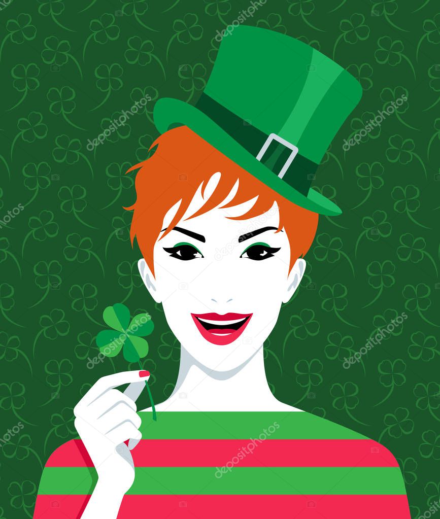 Leprechaun redhead woman wearing green hat and holding clover celebratin St. Patric day, vector illustration