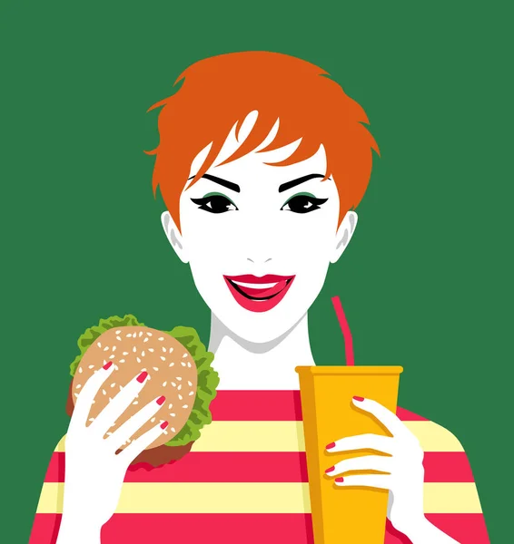 Молодая Веселая Рыжая Женщина Ест Гамбургер Пьет Лимонад Через Соломинку — стоковый вектор