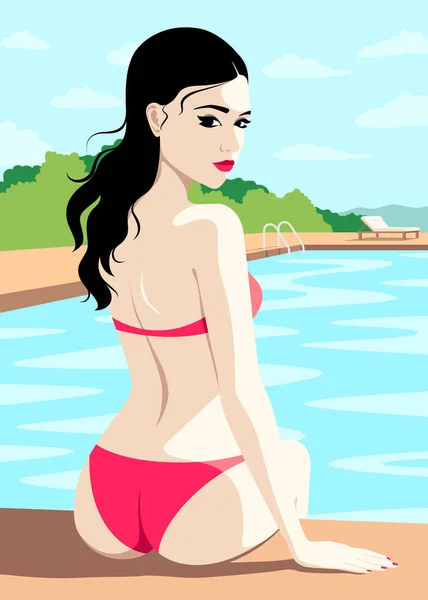 Mujer sentada junto a la piscina — Vector de stock