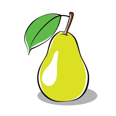 Beyaz arka planda yeşil yapraklı, olgun, lezzetli yeşil armutun basit vektör çizimi