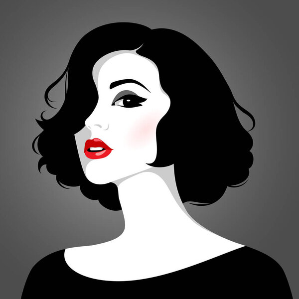 Simple vector portrait of beautiful elegant young woman with short black wavy hair and red lips wearing black dress