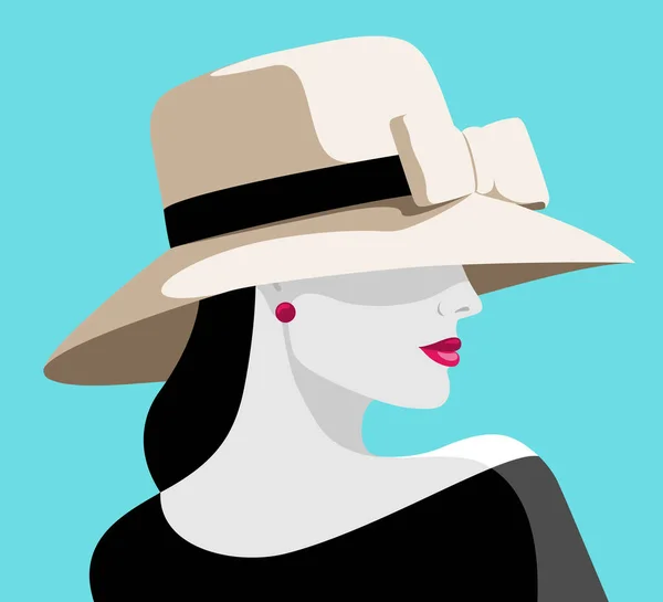 Vector Illustration Beautiful Elegant Woman Wearing Big Beige Hat Black — Stock Vector