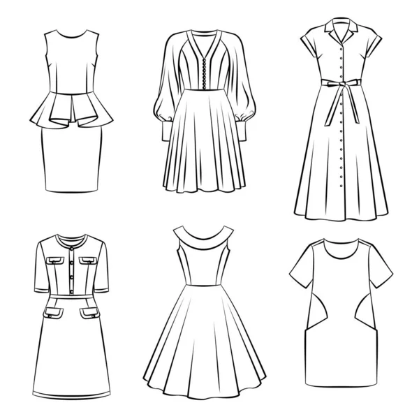 白い背景に隔離された異なる女性のファッションドレスのコレクション フロントビュー — ストックベクタ